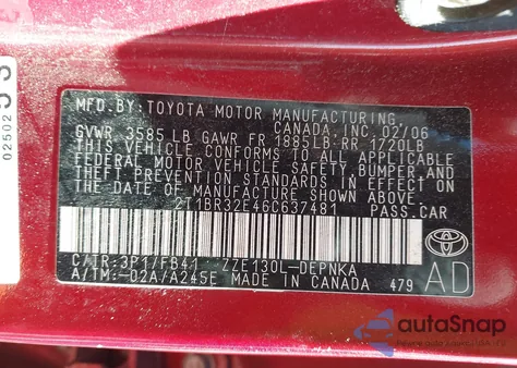 2006 Toyota Corolla Le from USA, damaged, VIN 2T1BR32E46C637481